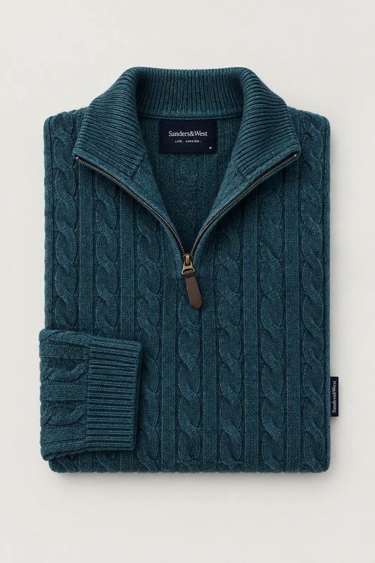 Ashford Merino Cable Quarter Zip Teal
